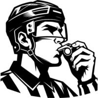 Hockey referee close up blowing whistle for foul in monochrome. Simple minimalistic in black ink drawing on white background vector