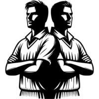 Confident strong athletes stand back to back with arms crossed on chests in monochrome. Simple minimalistic in black ink drawing on white background vector