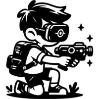 Boy in virtual reality glasses aims a toy blaster while kneeling in monochrome. Simple minimalistic in black ink drawing on white background vector