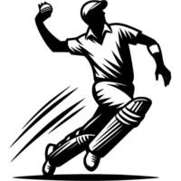 Cricketer takes swing to make ball shot in monochrome. Simple minimalistic in black ink drawing on white background vector