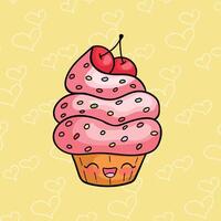 Charming cartoon cupcake with a smiling face, vibrant pink frosting, colorful sprinkles, and cherries, set against a cheerful yellow backdrop with heart patterns vector