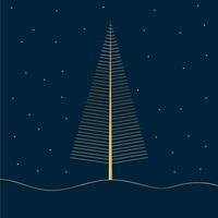 Elegant digital artwork featuring a golden Christmas tree made of thin lines, glowing stars, and a wavy line resembling snow, set against a dark blue background for a festive minimalist vibe vector