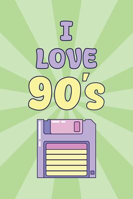 Vintage poster I love 90s. Floppy disk on a bright green background. Retro illustration with outline in 90s style. illustration.