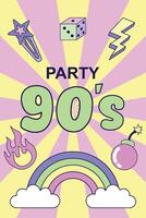 Vintage Poster Party 90s. Multicolored elements on a striped background. Retro illustration with outline in 90s style. illustration. vector