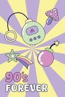 Vintage Poster 90s forever. Multicolored elements on a striped background. Retro illustration with outline in 90s style. illustration. vector