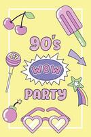 Vintage Poster Party 90s. Multicolored elements on a yellow background. Retro illustration with outline in 90s style. illustration. vector