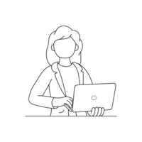 A line drawing of a woman using a laptop. Her lap line art design vector