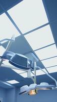 Medical lamps lighting in the operating room. Ceiling with many lamps in clinic. Surgery department in hospital. Vertical video