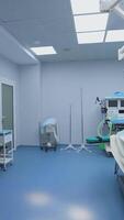 leeren Betriebs Zimmer mit innovativ Ausrüstung. modern chirurgisch Zimmer mit alle notwendig Instrumente zum Betrieb im Klinik. Orbital Sicht. Vertikale video