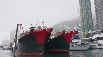 Rusty ships in Hong Kong Bay with skyscrapers in the background video