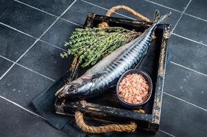 Raw mackerel fish with herbs and spices in wooden tray ready for cooking. Black background. Top view photo