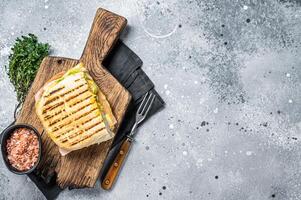 Toasted Panini sandwich with Prosciutto ham and cheese. Gray background. top view. copy space photo