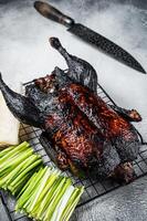 Whole roast Peking duck with herbs, sauce, rice Pancake, Cucumber and onion. White background. Top view photo