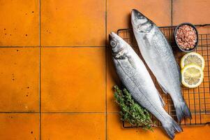 Raw Sea Bass fish with lime and herbs. Orange background. Top view. Copy space photo