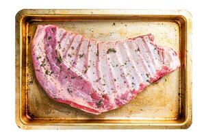 Marinated lamb mutton ribs with herbs and thyme in baking dish. Isolated on white background. photo