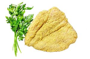 Raw large Viennese schnitzel Isolated on white background. Top view. photo