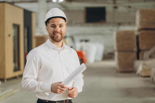 Smiling engineer holding blueprint in modular building factory photo