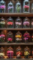 Petals arranged in glass domes on shelves, photorealistic photo