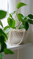 String of pearls in a ceramic planter on a shelf surface, photorealistic photo