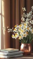 Tulips and daffodils in a copper container next to a stack of books, photorealistic photo