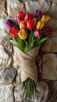 Tulips wrapped in linen fabric on a stone wall surface, wallpaper photo
