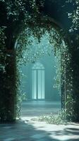 Stems wrapped around metal archway at a garden entrance, photorealistic wallpaper photo