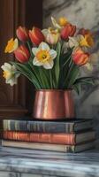 Tulips and daffodils in a copper container next to a stack of books, wallpaper art photo