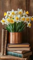 Tulips and daffodils in a copper container next to a stack of books, photorealistic wallpaper photo
