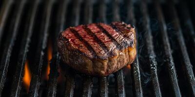 Filet mignon being flipped on a grill with visible grill marks, food photography photo