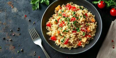 Plate of couscous in a shallow dish with a fork beside it on a table, culinary photography photo