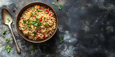 Quinoa portion in a flat, circular dish with minimal garnish and a simple spoon, food photography photo