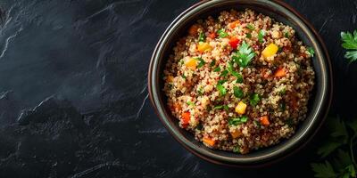 Quinoa portion served in a deep ceramic bowl with visible ingredients and simple garnish, culinary photography photo