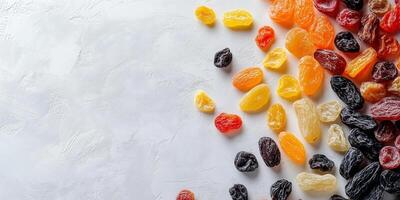 Selection of dried fruits spread across a plain, flat surface, culinary photography photo