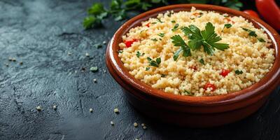 Couscous in a wide, shallow dish with visible grains and simple garnish, food photography photo
