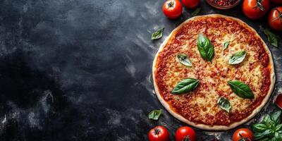 Pizza with tomato sauce, melted cheese, and various toppings on a dough base, photorealistic food photo