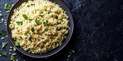 Quinoa neatly arranged in a shallow dish with minimal garnish on the surface, photorealistic food photo