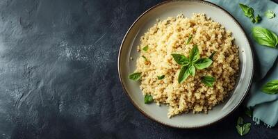 Quinoa neatly arranged in a shallow dish with minimal garnish on the surface, gastronomy photography photo