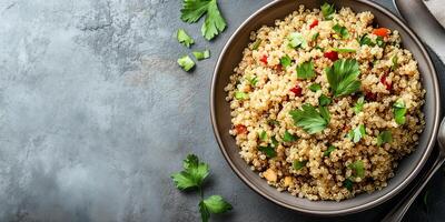 Quinoa portion in a flat, circular dish with minimal garnish and a simple spoon, gastronomy photography photo