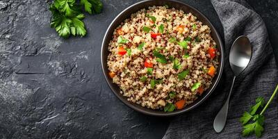 Quinoa portion in a flat, circular dish with minimal garnish and a simple spoon, photorealistic food photo