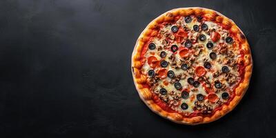 Round pizza with symmetrical toppings spread uniformly, gastronomy photography photo
