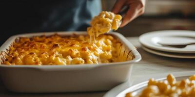 Serving of mac and cheese being plated from a large dish, gastronomy photography photo