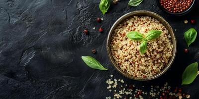 Quinoa neatly arranged in a deep, round ceramic bowl with visible grains and garnish, photorealistic food photo