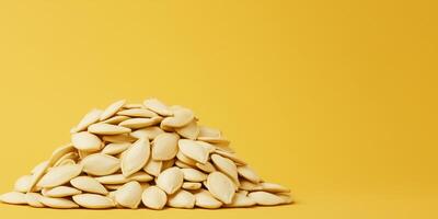 Small pile of pumpkin seeds displayed in a slightly irregular pattern, photorealistic food photo
