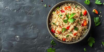 Quinoa portion served in a deep ceramic bowl with visible ingredients and simple garnish, meal photography photo
