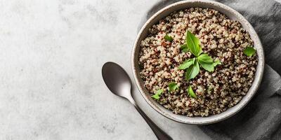 Quinoa portion in a flat, circular dish with minimal garnish and a simple spoon, meal photography photo
