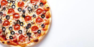 Round pizza with symmetrical toppings spread uniformly, meal photography photo