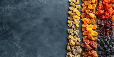Selection of dried fruits spread across a plain, flat surface, food setting photo