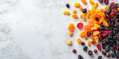 Small group of dried fruits scattered randomly on a flat surface, food setting photo