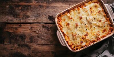 Top-down view of baked ziti showing cheese and pasta distribution, meal photography photo