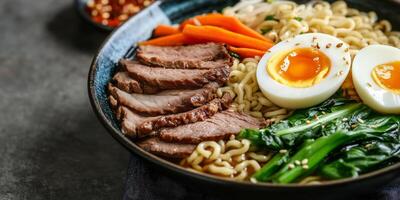 Close-up of ramen noodles in a bowl with meat, vegetables, and boiled egg, food photography photo